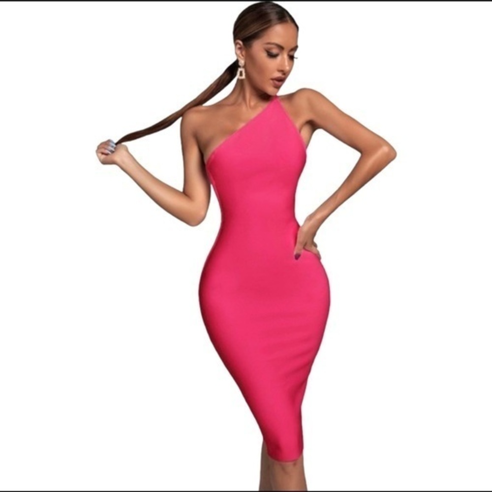 Janan One Shoulder Midi Bandage Dress - Hot‎ Pink